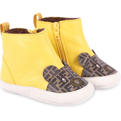 FF Bear Leather Baby Shoes with Woolen Interior in Yellow FF Bear Leather Baby Shoes with Woolen Interior in Yellow