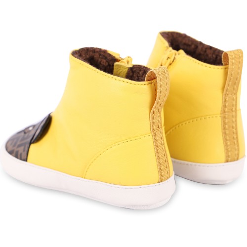 FF Bear Leather Baby Shoes with Woolen Interior in Yellow FF Bear Leather Baby Shoes with Woolen Interior in Yellow